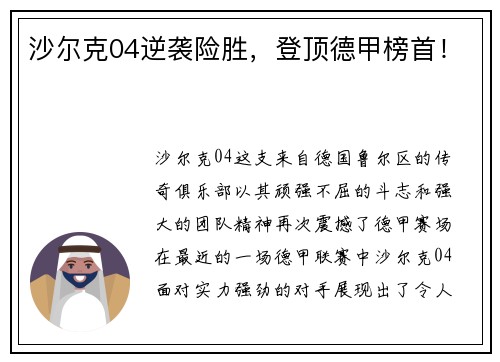 沙尔克04逆袭险胜，登顶德甲榜首！