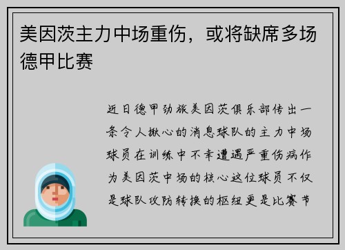 美因茨主力中场重伤，或将缺席多场德甲比赛