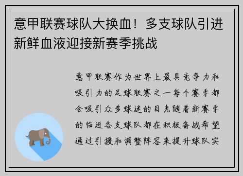 意甲联赛球队大换血！多支球队引进新鲜血液迎接新赛季挑战